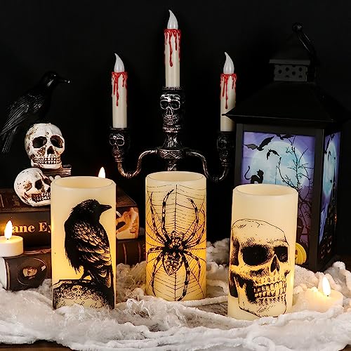 Halloween Flickering Battery Operated Candles with Skull, Spider Web, Crow Raven Decals Set of 3