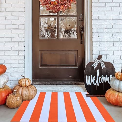 Fall Outdoor Rug Orange and White Stripes