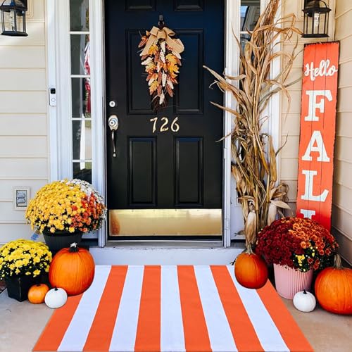 Fall Outdoor Rug Orange and White Stripes