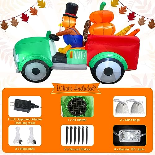 OurWarm 8FT Thanksgiving Inflatables Turkey Driving Car, Blow Up Turkey Inflatable with Built-in Blower & LED Lights for Happy Thanksgiving Party Patio Yard Garden Autumn Holiday Outdoor Decorations