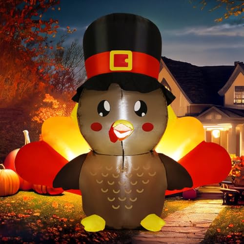 5 FT Tall Thanksgiving Inflatable Turkey Baby in Hat with LEDs