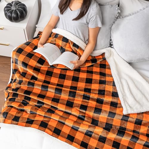 Soft and cozy orange black buffalo plaid sherpa throw blanket for fall and Halloween