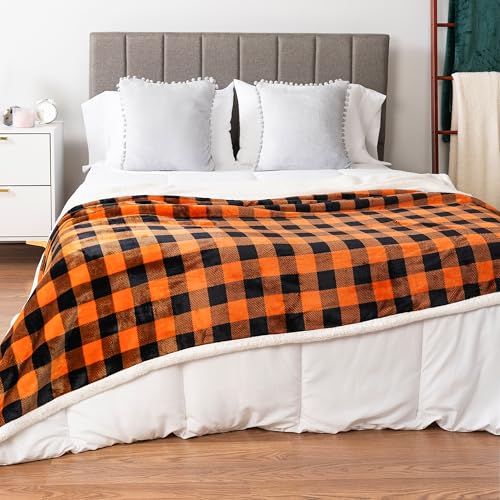 Orange Black Buffalo Plaid Sherpa Throw Blanket