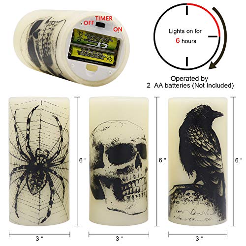 Halloween Flickering Battery Operated Candles with Skull, Spider Web, Crow Raven Decals Set of 3