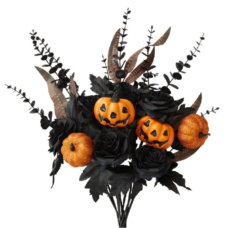 10PCS Halloween Decor Artificial Flowers Black Roses with Pumpkins