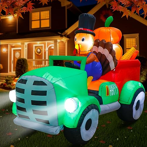 OurWarm 8FT Thanksgiving Inflatables Turkey Driving Car, Blow Up Turkey Inflatable with Built-in Blower & LED Lights for Happy Thanksgiving Party Patio Yard Garden Autumn Holiday Outdoor Decorations