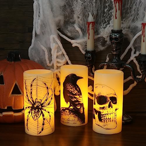 Halloween Flickering Battery Operated Candles with Skull, Spider Web, Crow Raven Decals Set of 3