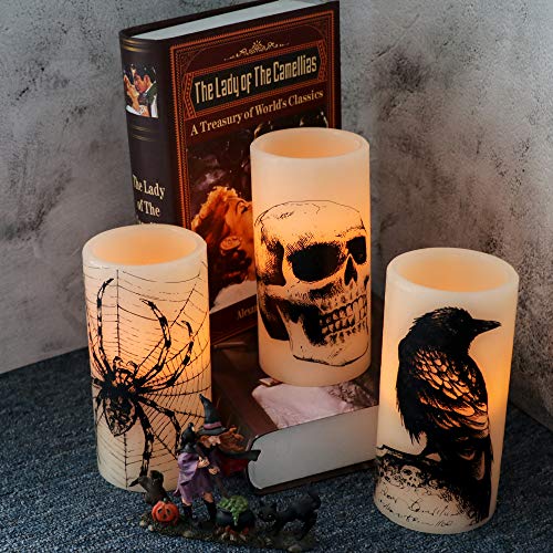 Halloween Flickering Battery Operated Candles with Skull, Spider Web, Crow Raven Decals Set of 3