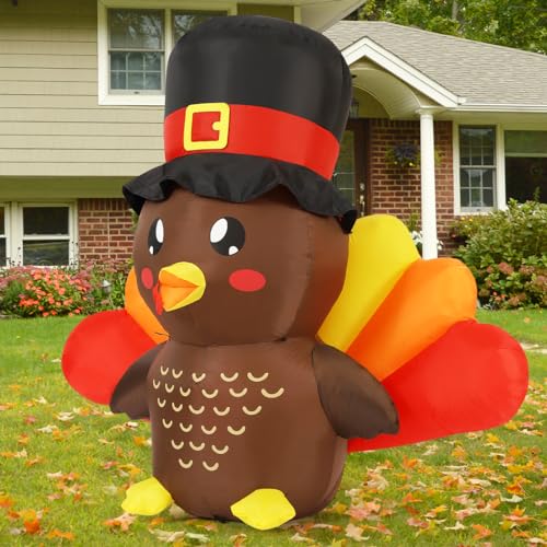 5 FT Tall Thanksgiving Inflatable Turkey Baby in Hat with LEDs