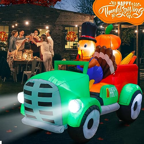 OurWarm 8FT Thanksgiving Inflatables Turkey Driving Car, Blow Up Turkey Inflatable with Built-in Blower & LED Lights for Happy Thanksgiving Party Patio Yard Garden Autumn Holiday Outdoor Decorations