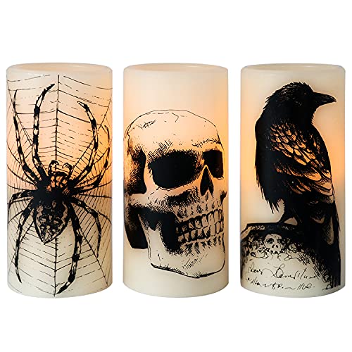 Halloween Flickering Battery Operated Candles with Skull, Spider Web, Crow Raven Decals Set of 3