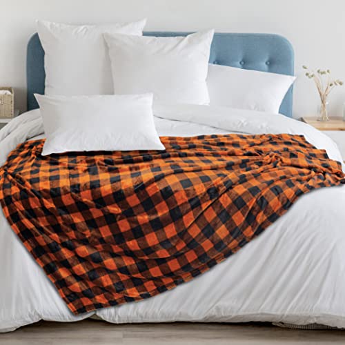 Black and Orange Buffalo Plaid Fleece Throw Blanket