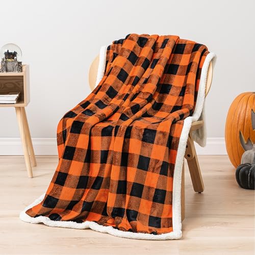 Black Orange Buffalo Plaid Sherpa Throw Blanket 50x60