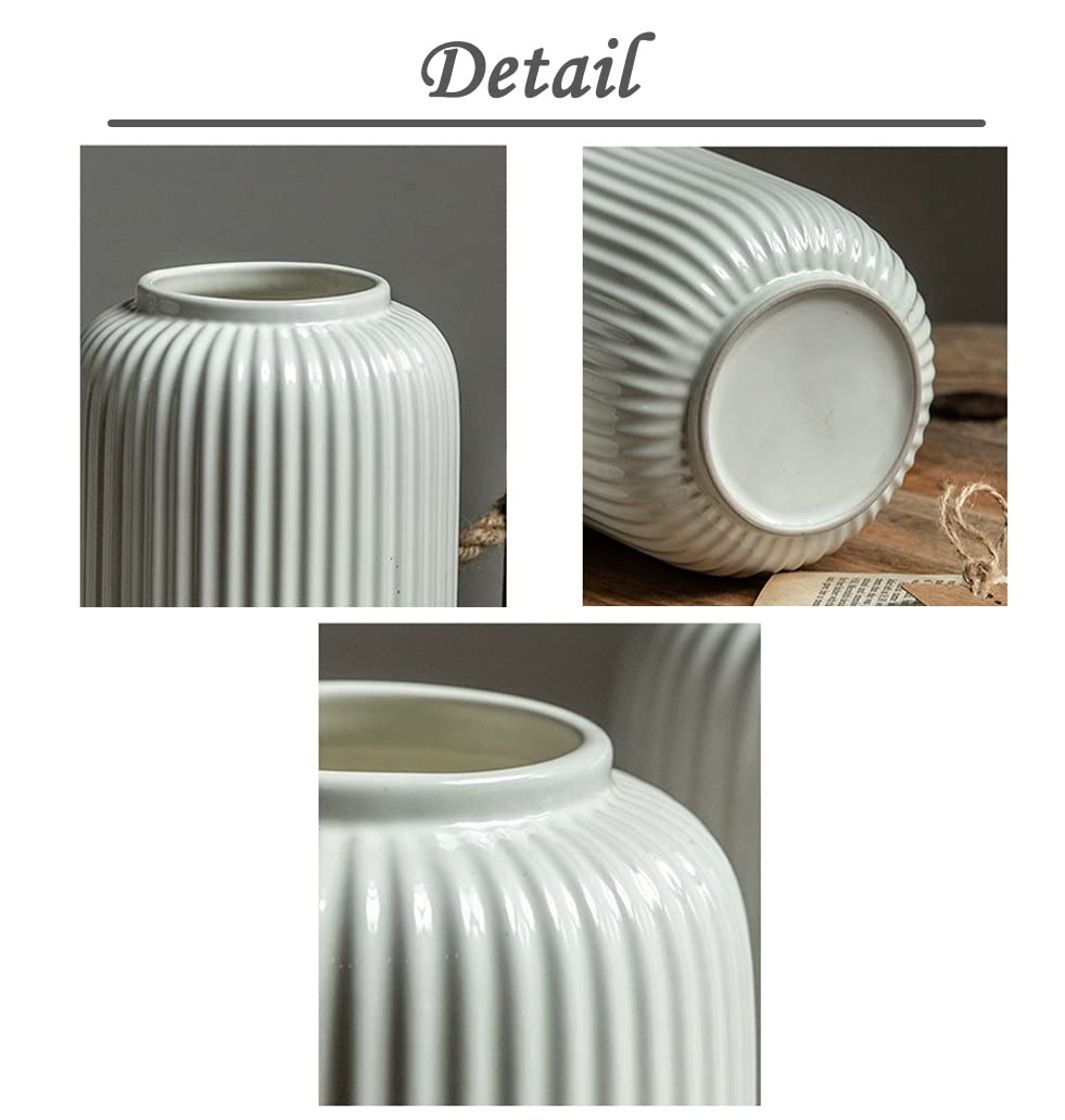 8 Inch Tall Glossy White Ceramic Ribbed Vase