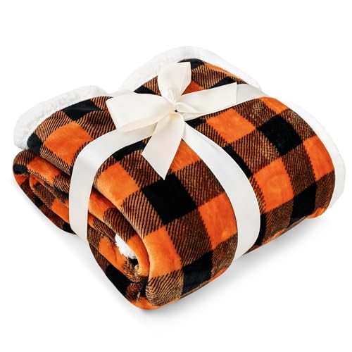 Orange Black Buffalo Plaid Sherpa Throw Blanket Gift