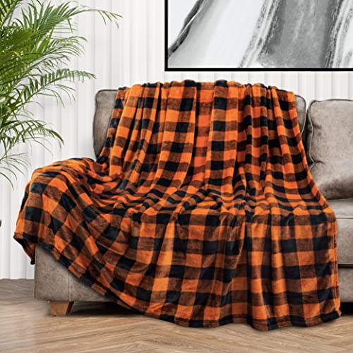 soft and cozy black orange plaid throw blanket