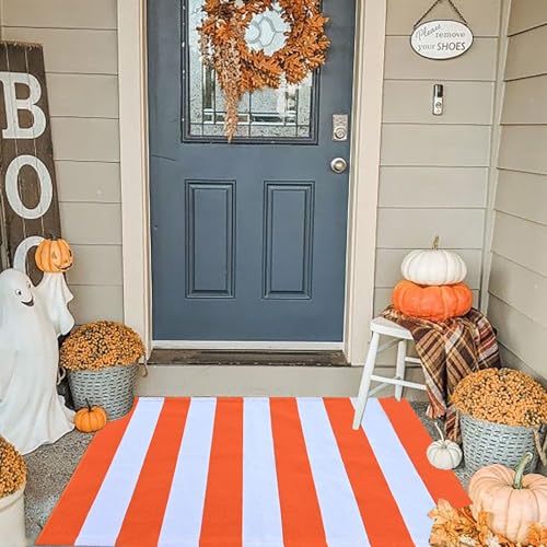 Fall Outdoor Rug Orange and White Stripes