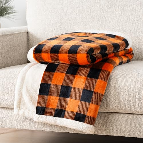 thick warm orange black buffalo plaid sherpa throw blanket