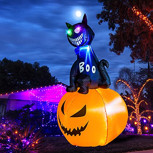 5 FT Halloween Inflatables Outdoor Cat on Pumpkins with Changing Color