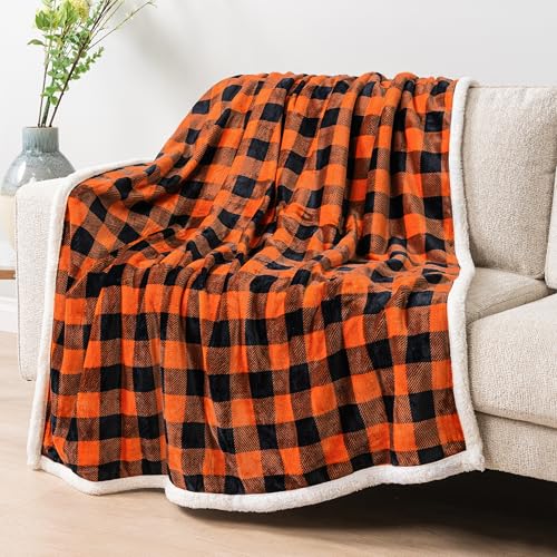 warm and soft sherpa plaid throw blanket orange black buffalo check