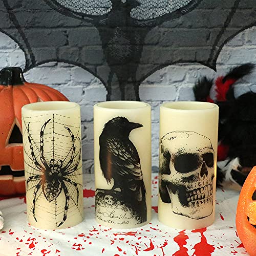 Halloween Flickering Battery Operated Candles with Skull, Spider Web, Crow Raven Decals Set of 3