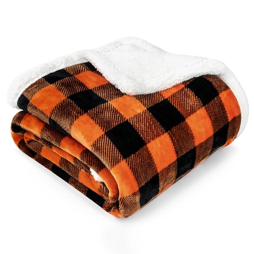 Black Orange Buffalo Plaid with White Sherpa Throw Blanket 