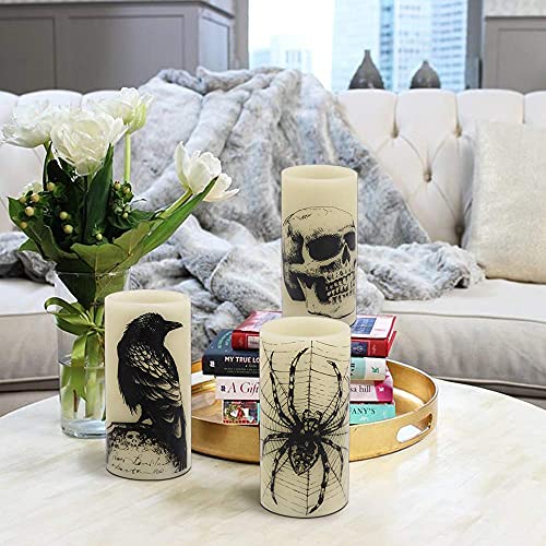 Halloween Flickering Battery Operated Candles with Skull, Spider Web, Crow Raven Decals Set of 3