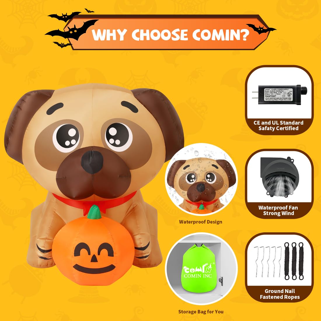 5 FT Pug Holding Pumpkin Inflatable with Built-in LEDs