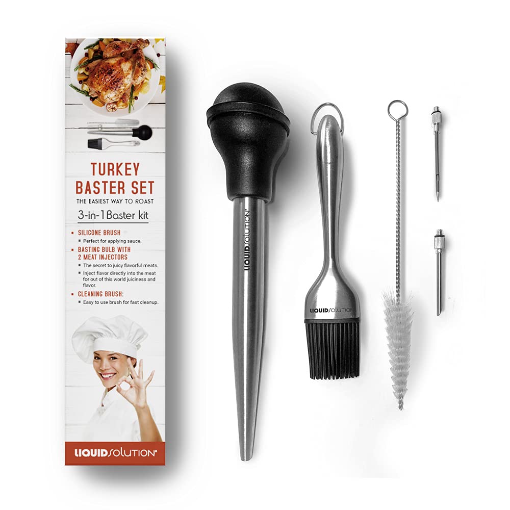 Liquid Solution Turkey Baster 5 Piece Set, Includes Baster for Cooking, Barbecue Basting Brush, Flavor Injector with Cleaning Brush - Perfect for Thanksgiving or Regular Cookout