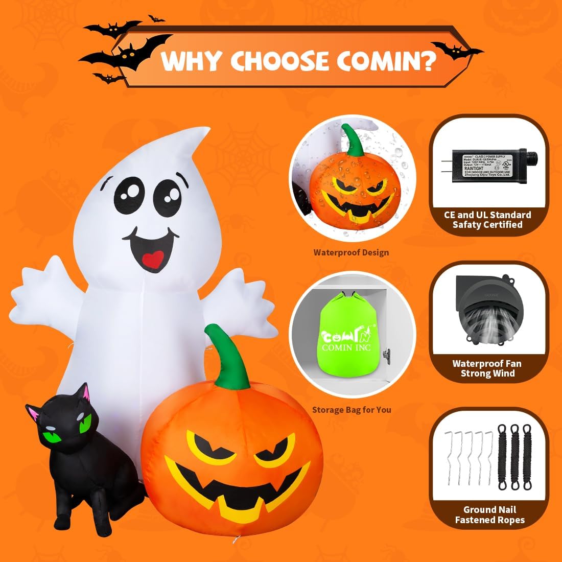 5FT Ghost with Black Cat and Pumpkin Halloween Inflatable