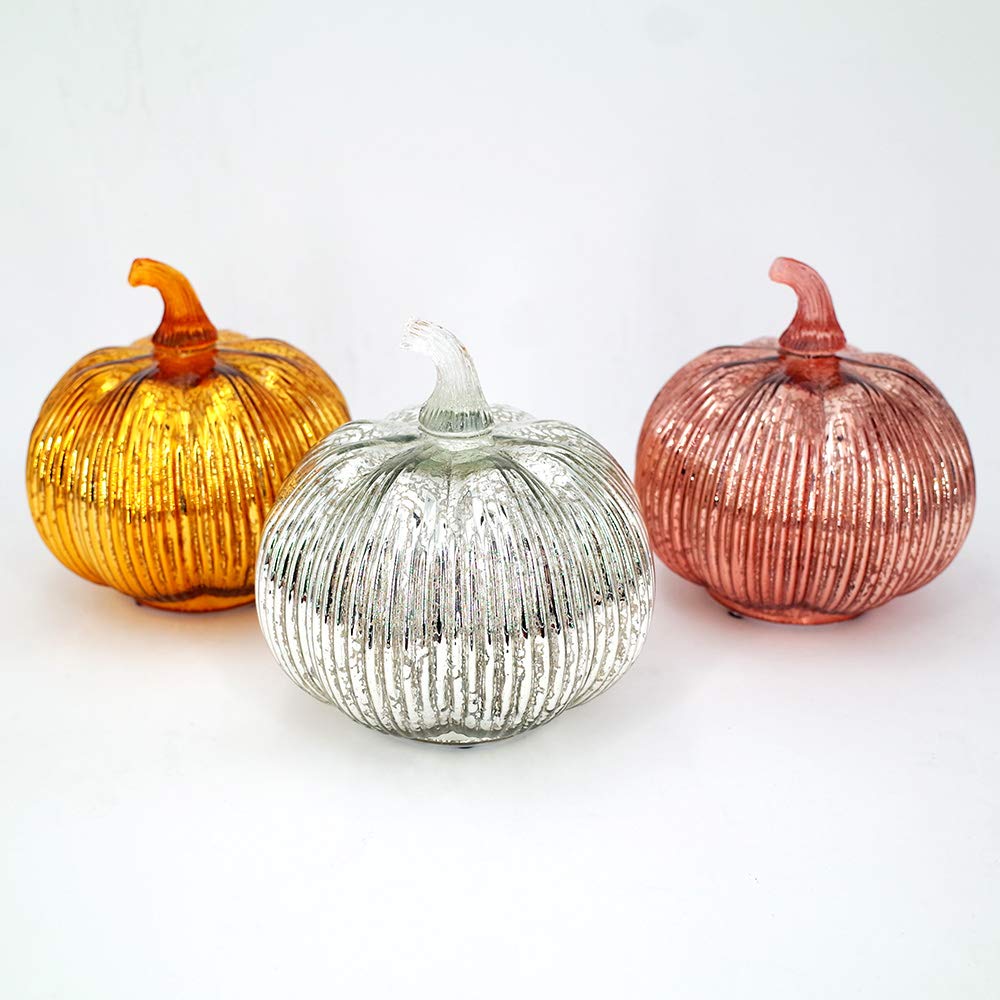 Mercury Glass Light up Pumpkin with Timer (Gold)