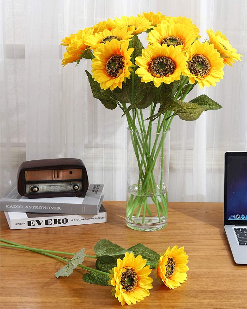 Artificial Sunflowers Long Stem 6PCS Dark Center Indoor/Outdoor