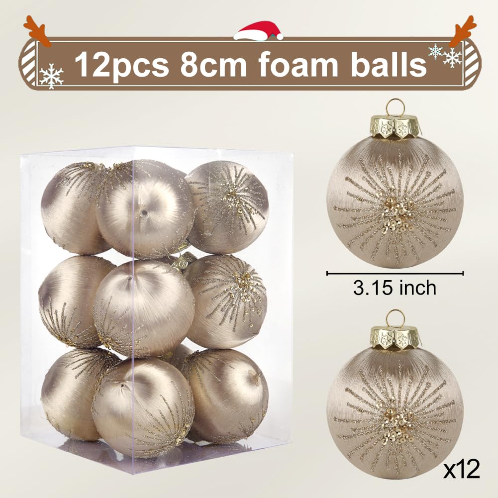 12 pcs 3.15 inch Large Champagne Christmas Tree Ornaments Set