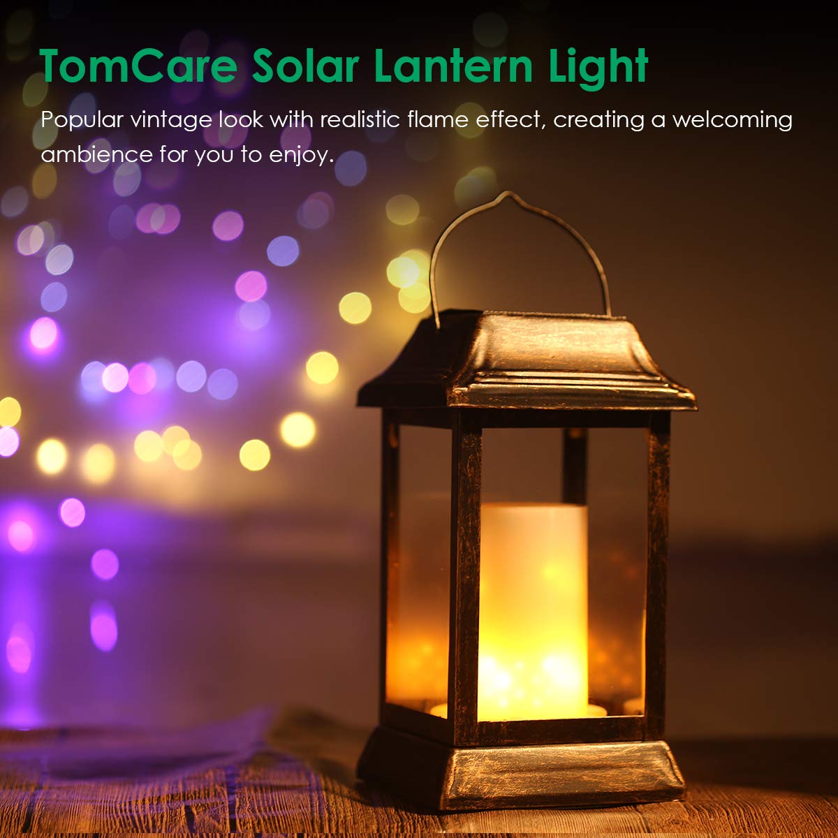Solar lantern light with a warm glow on a blurred background of colorful lights