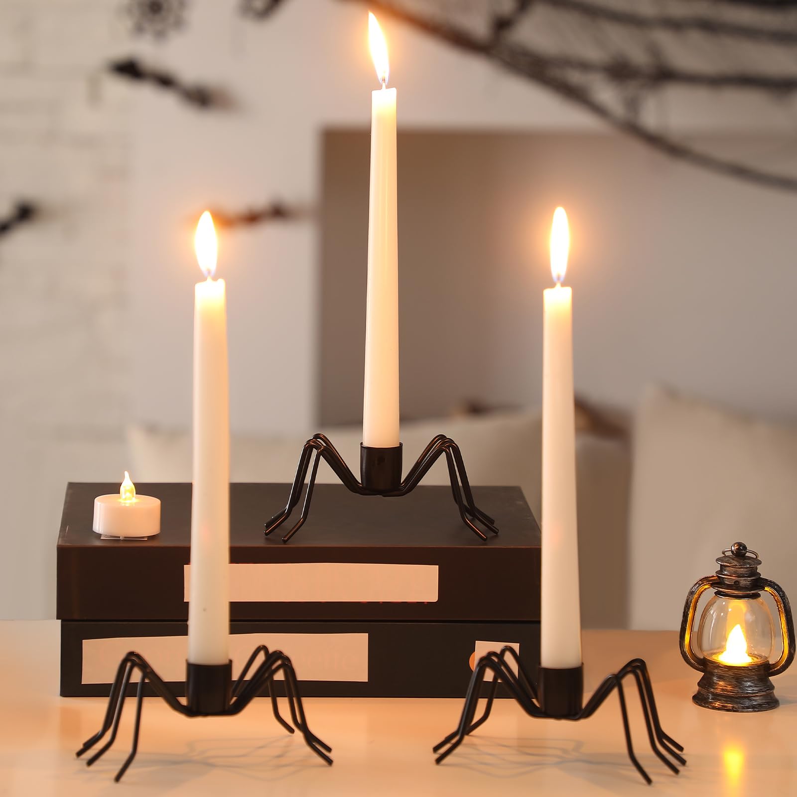3 Pack Black Spider Taper Metal Candlestick Holders Halloween