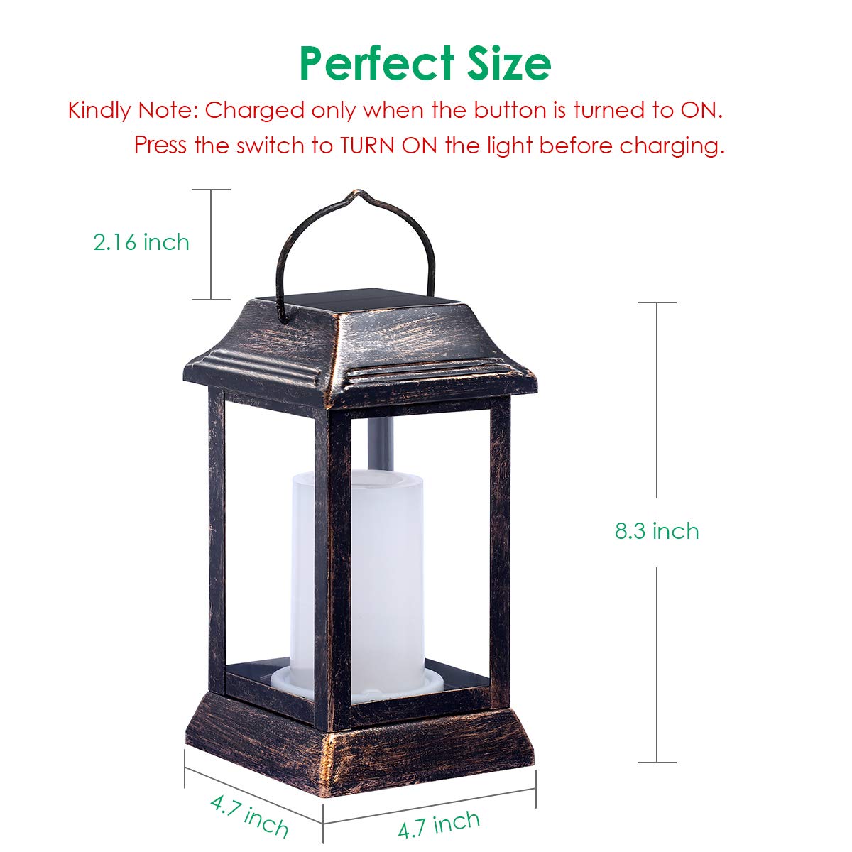 Black lantern with dimensions and charging instructions on a white background