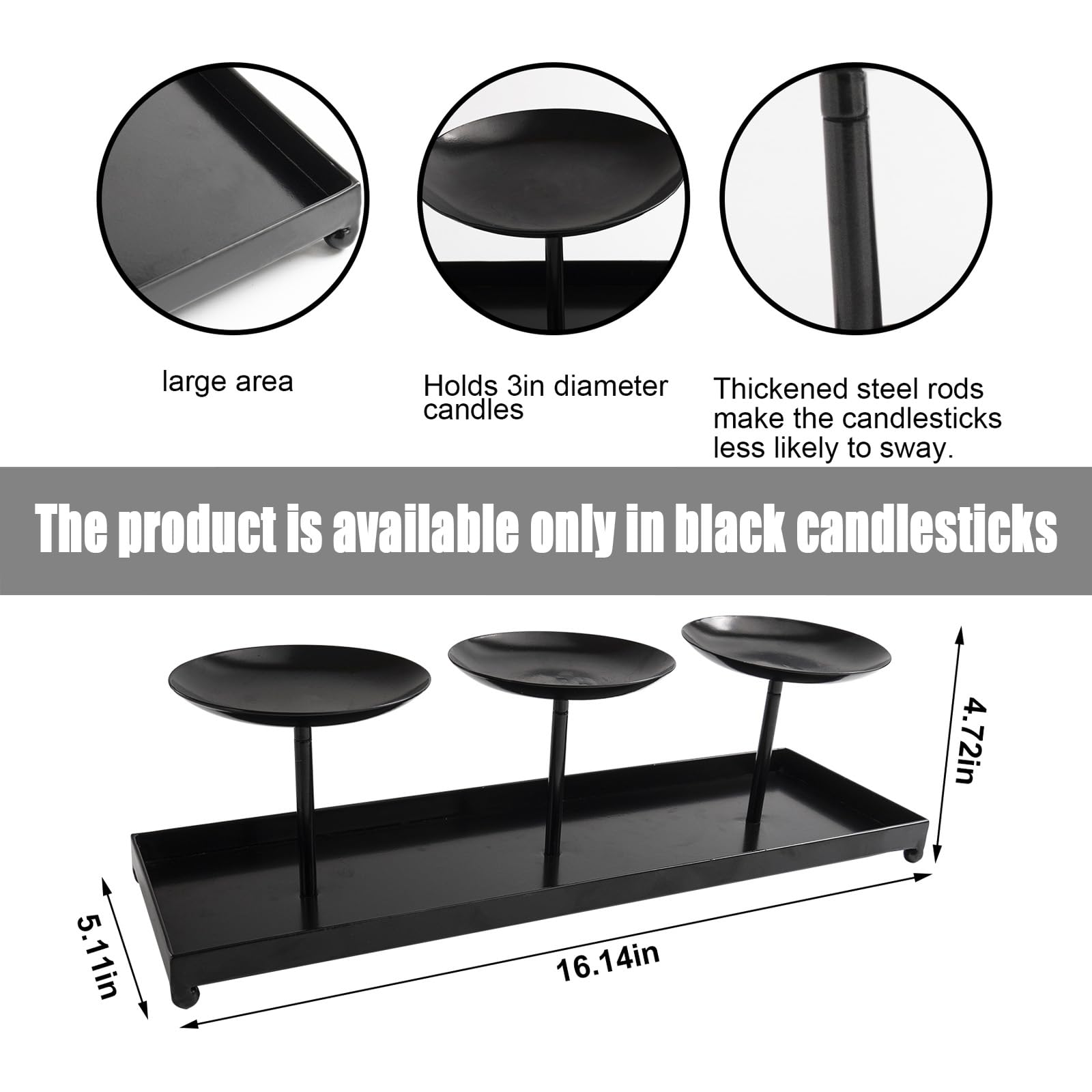 3 Pillar Black Metal Candle Holders for Table Centerpiece