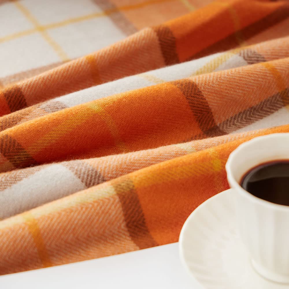 Decorative Faux Cashmere Throw Blanket - Classic Orange Plaid Fringe