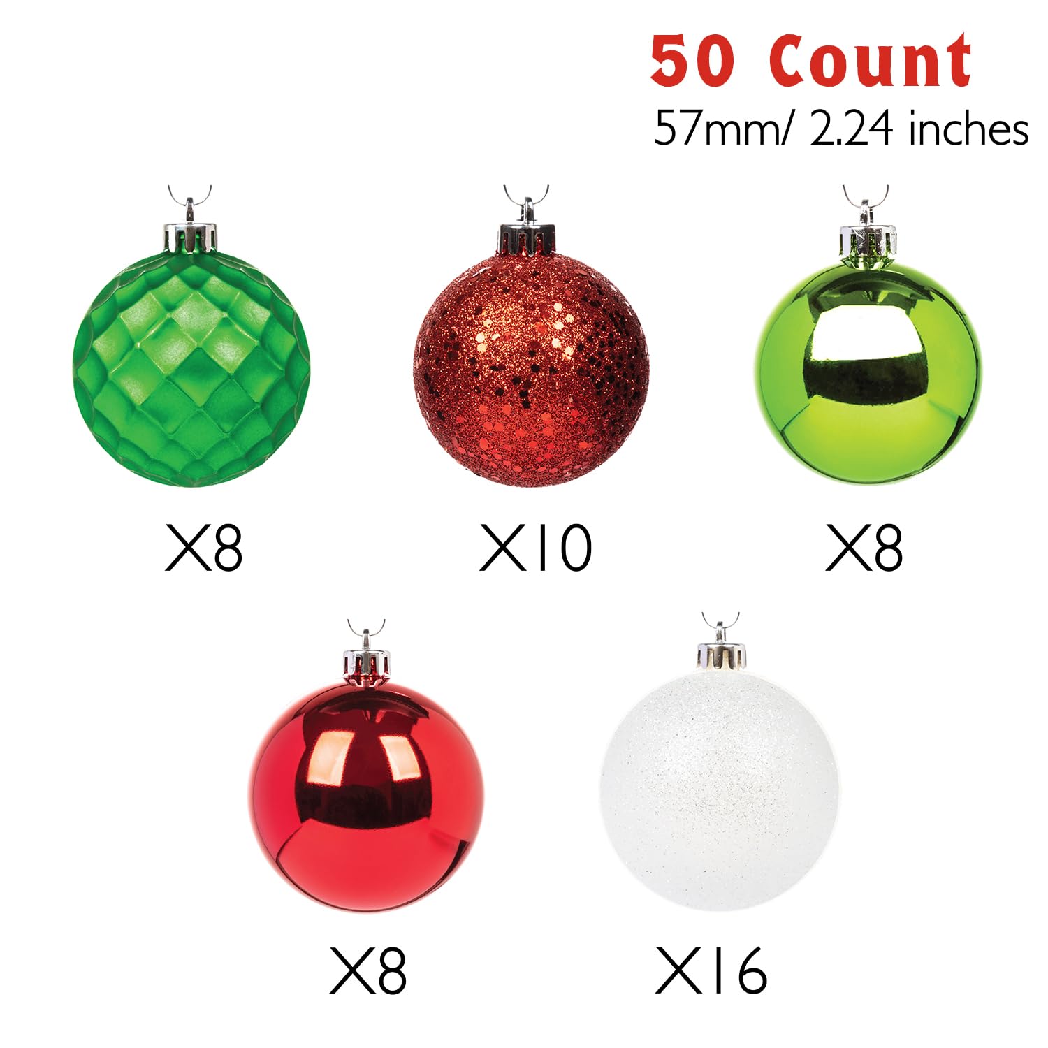 50ct White Red Green Shatterproof Christmas Tree Ornament Set