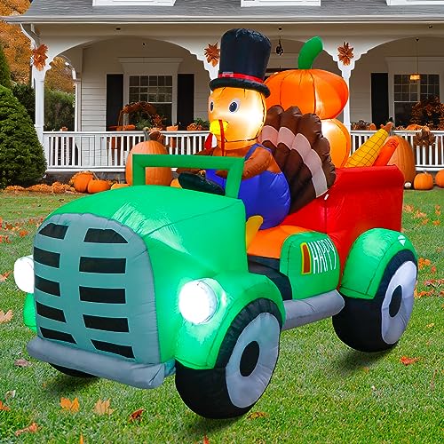 OurWarm 8FT Thanksgiving Inflatables Turkey Driving Car, Blow Up Turkey Inflatable with Built-in Blower & LED Lights for Happy Thanksgiving Party Patio Yard Garden Autumn Holiday Outdoor Decorations