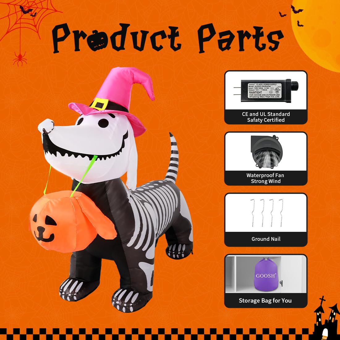 5.5 FT Skeleton Puppy Halloween Inflatable with Build-in LEDs
