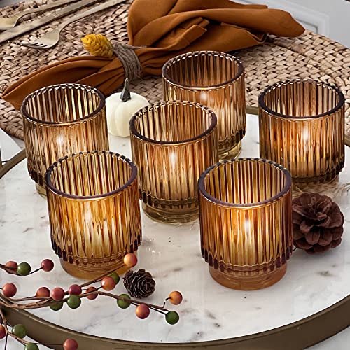 Vintage Ribbed Amber Glass Tealight & Votive Candle Holders Set of 6