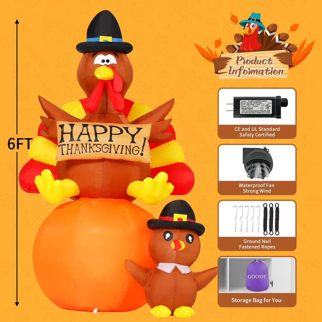 6 FT Thanksgiving Inflatable Turkey, Pumpkin & Turkey Baby