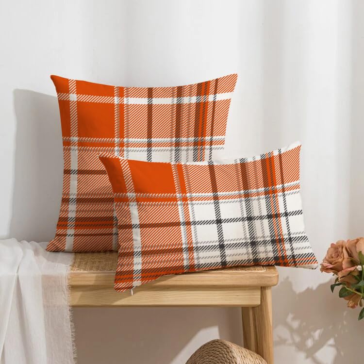 Set of 2 Fall Pillow Covers Autumn Decorative Throw Pillow Cases 18x18 Inch Orange Plaid