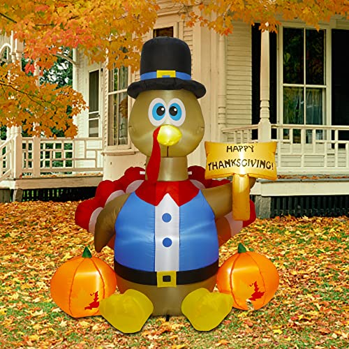 6FT Lighted Happy Thanksgiving Inflatable Turkey with Pilgrim Hat