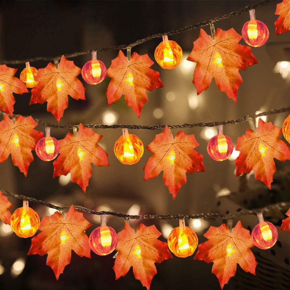 3 Pack Fall Garland with Pumpkin Lights & Enlarged Maple Fall String Lights