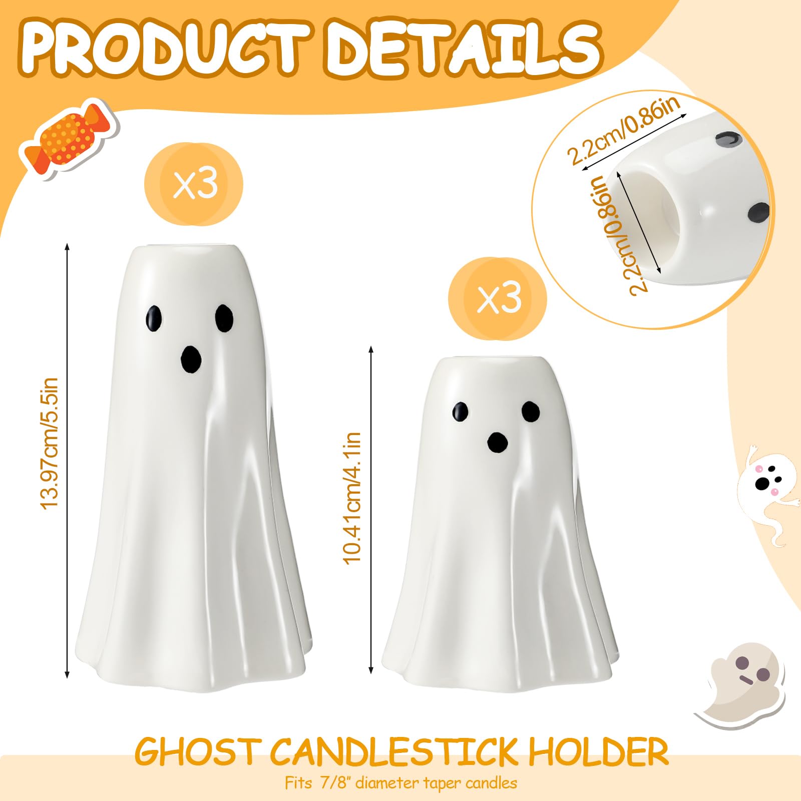 6 Pcs Halloween Ghost Candlestick Holders Ceramic
