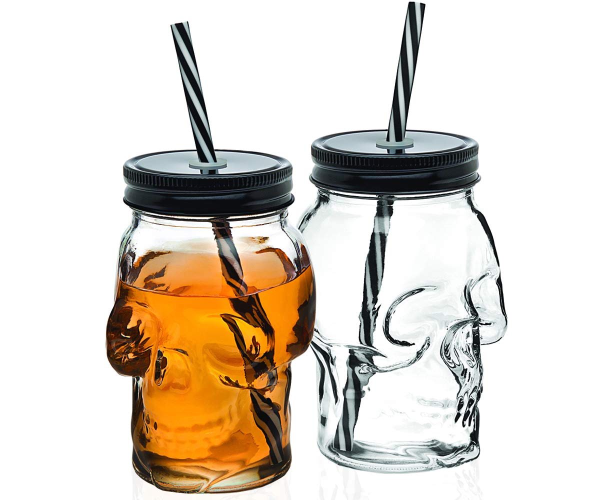 Skull Mason Jar Mug Glass Tumbler Drinking Glasses - 16oz, Set of 2