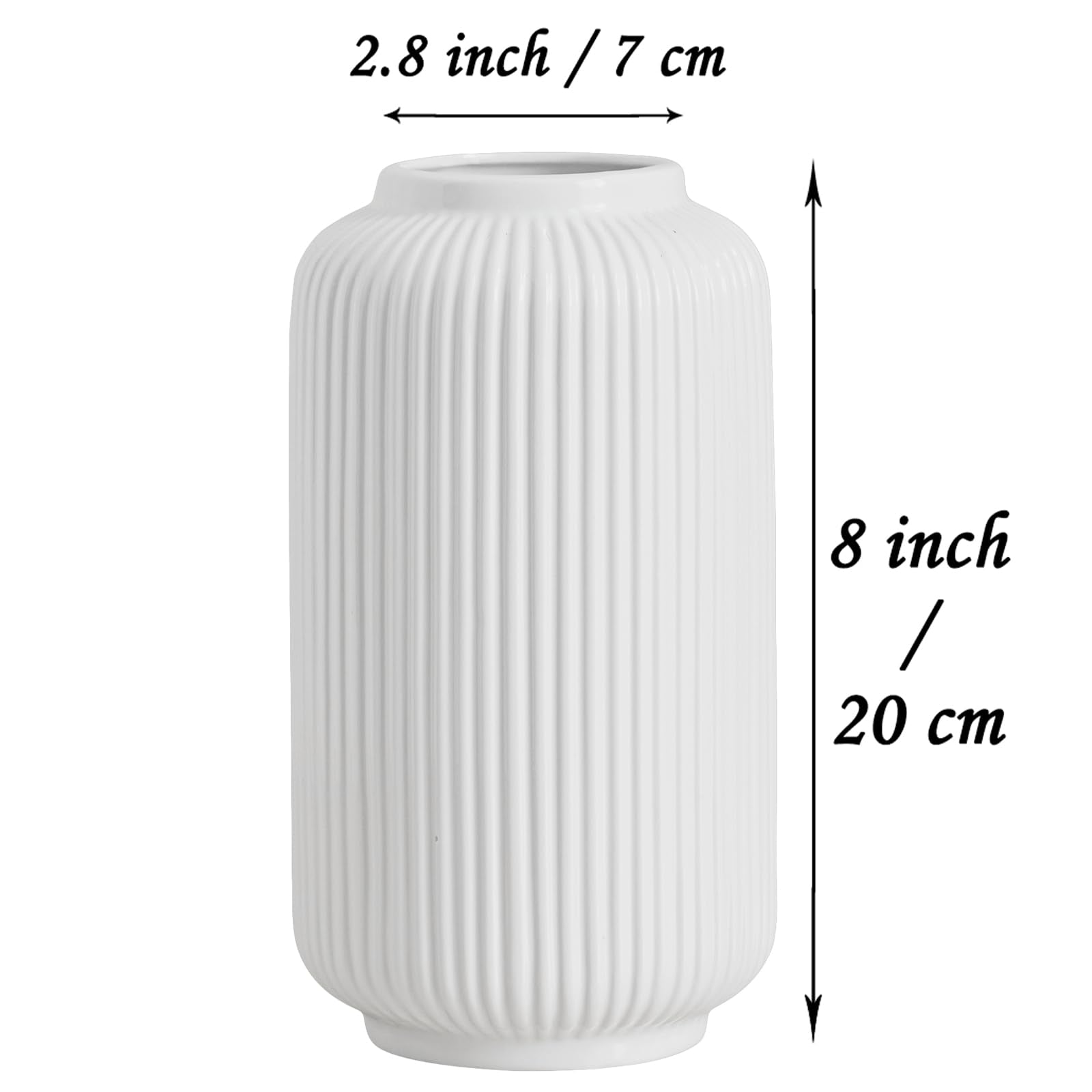 8 Inch Tall Glossy White Ceramic Ribbed Vase