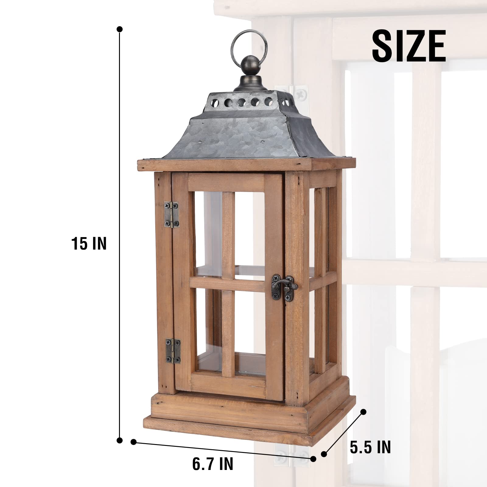 Wooden lantern with dimensions labeled on a white background
